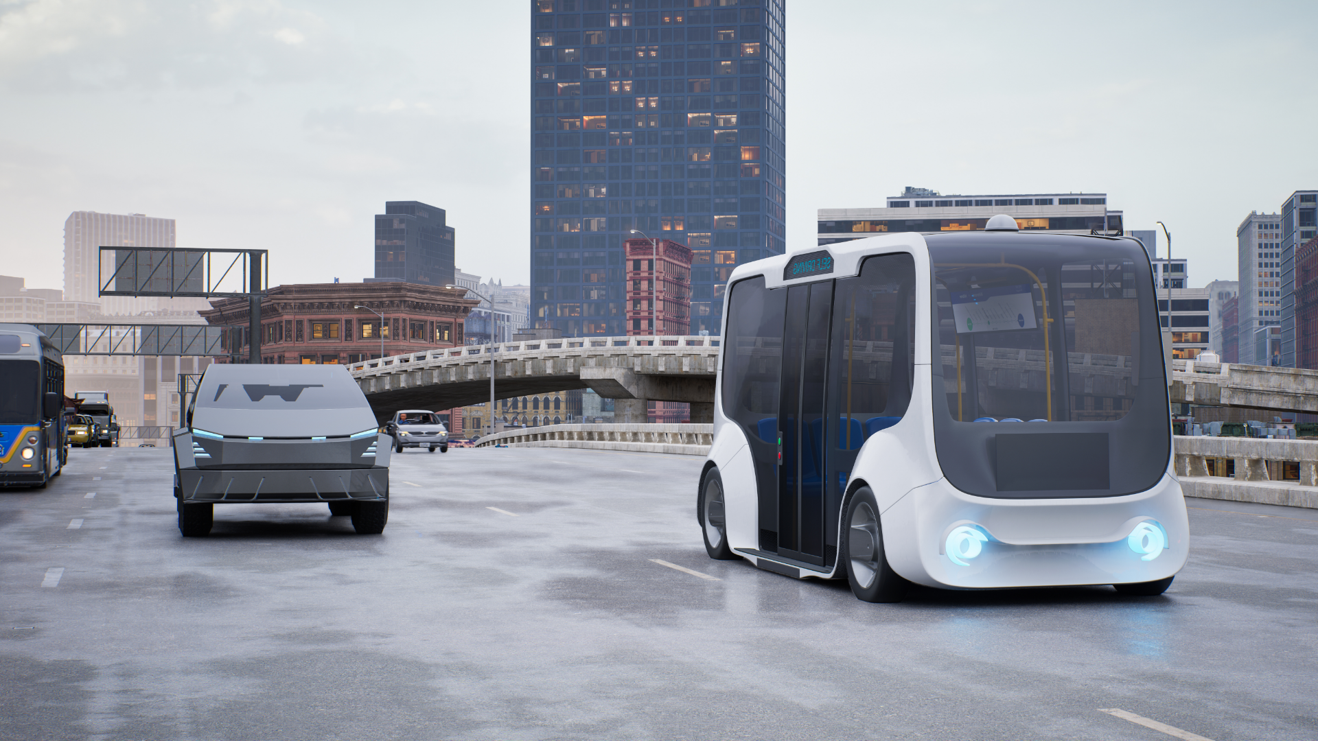 Advance Your Workshop - Autonomous vehicle 1920x1080 Self driving futuristic bus and an autonomous car driving along a highway in a large city.